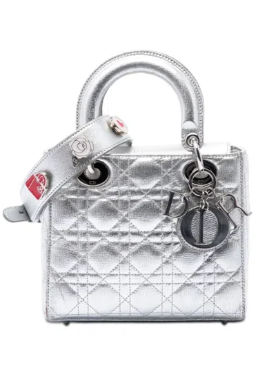 Pre-owned Dior 2018 Small Metallic Grained Calfskin Cannage My Abc Lady  Satchel In Silver