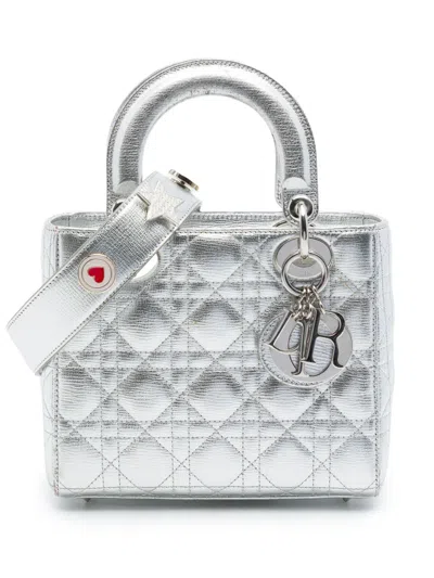Pre-owned Dior 2018 Small Metallic Grained Calfskin Cannage My Abc Lady  Satchel In Silver