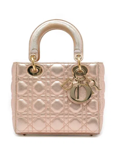 Pre-owned Dior 2018 Small Metallic Lambskin Cannage My Abc Lady  Satchel In Gold