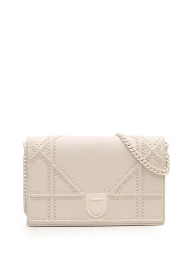 Pre-owned Dior 2018 Small Ultra Matte Studded Calfskin Ama Wallet On Chain Crossbody Bag In White