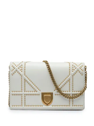 Pre-owned Dior 2018 Studded Calfskin Ama Wallet On Chain Crossbody Bag In White