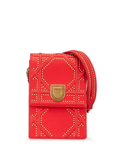 Pre-owned Dior 2018 Studded Lambskin Vertical Ama Bag Crossbody Bag In Red