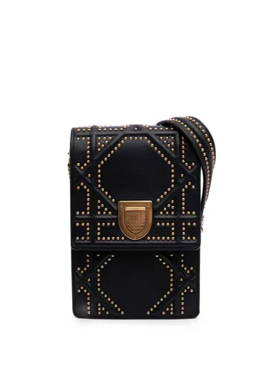 Pre-owned Dior 2018 Studded Leather Vertical Ama Crossbody Bag In Black