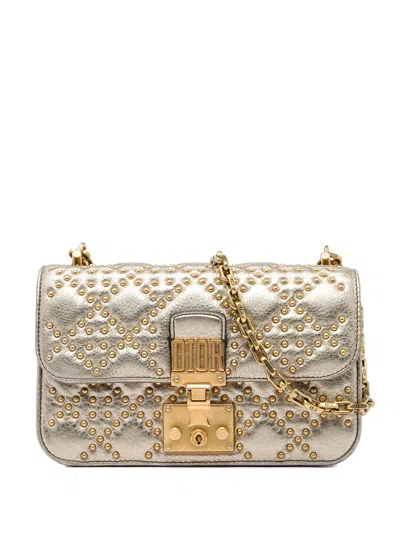 Pre-owned Dior 2018 Studded Metallic Lambskin Addict Wallet On Chain Crossbody Bag In Gold