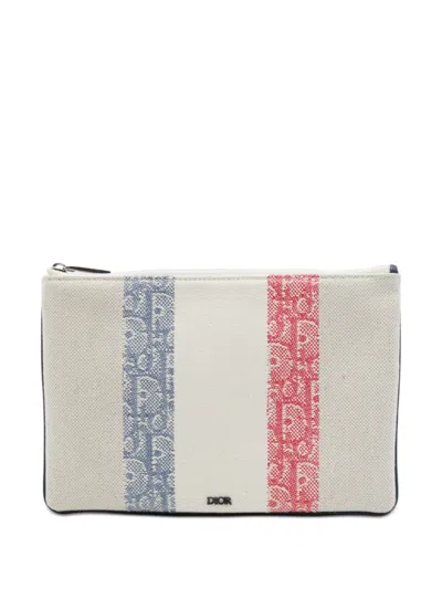 Pre-owned Dior 2018 Tricolor Oblique Canvas Stripe Zip Pouch In Neutral