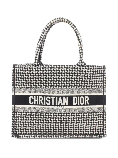 Pre-owned Dior 2018-2019 Medium Canvas Houndstooth Embroidered Book Tote Bag In Black