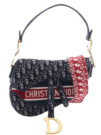 Pre-owned Dior 2018-2024 Oblique Embroidered Velvet Saddle Bag Shoulder Bag In Blue