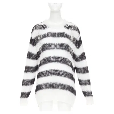 Pre-owned Dior 2019 Black White Open Knit Mohair Striped Oversized Sweater Fr40 L