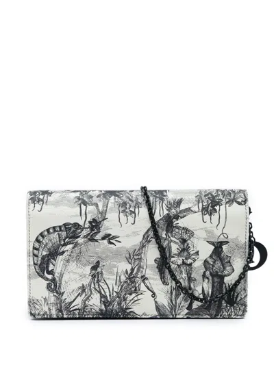 Pre-owned Dior 2019 Calfskin Toile De Jouy Carnivora Wallet On Chain Crossbody Bag In White
