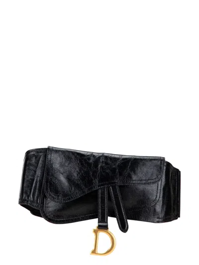 Pre-owned Dior 2019 Crinkled Lambskin Saddle Belt Bag In Black