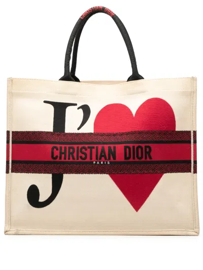 Pre-owned Dior 2019 Amour Large Embroidered Canvas Je T Aime Book Tote Bag In White
