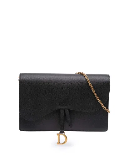 Pre-owned Dior 2019 Grained Calfskin Saddle Chain Pouch Crossbody Bag In Black