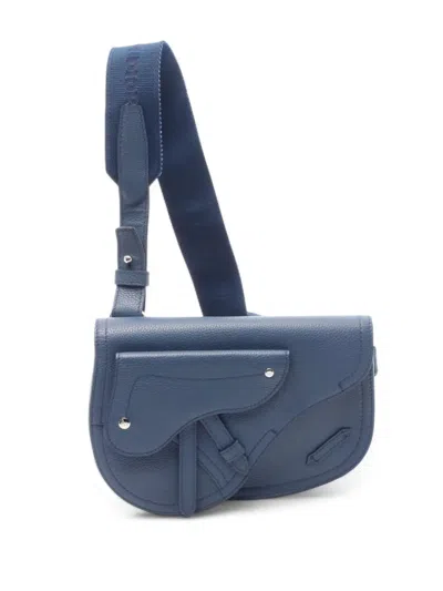 Pre-owned Dior 2019 Grained Calfskin Saddle Pouch Crossbody Bag In Blue