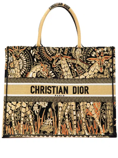 Pre-owned Dior 2019 Large Canvas Embroidered  Animals Giraffe Book Tote Bag