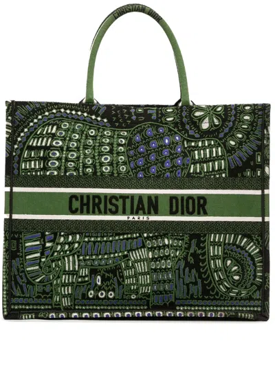 Pre-owned Dior 2019 Large Canvas Embroidered Elephant Book Tote Bag In Green