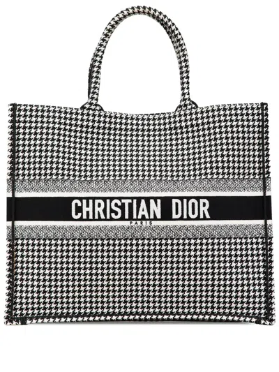 Pre-owned Dior 2019 Large Canvas Houndstooth Embroidered Book Tote Bag In Black