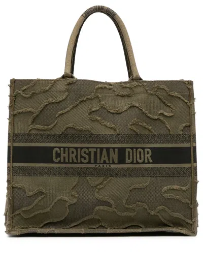 Pre-owned Dior 2019 Large Embroidered Canvas Camouflage Book Tote Bag In Green