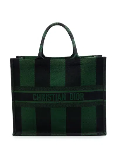 Pre-owned Dior 2019 Large Embroidered Canvas Checkered Book Tote Bag In Green