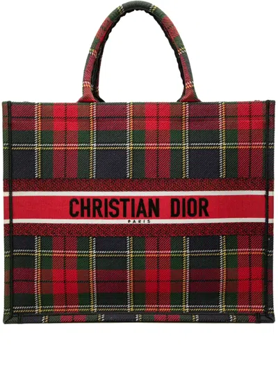 Pre-owned Dior 2019 Large Embroidered Canvas Tartan Check Book Tote Bag In White