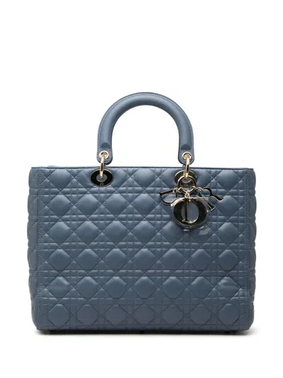 Pre-owned Dior 2019 Large Lambskin Cannage Lady  Satchel In Blue
