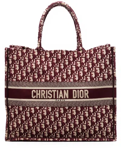 Pre-owned Dior 2019 Large Oblique Embroidered Canvas Book Tote Bag In Red