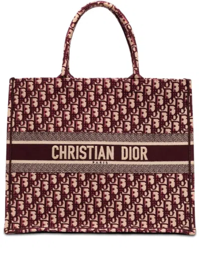 Pre-owned Dior 2019 Large Oblique Embroidered Canvas Book Tote Bag In Red