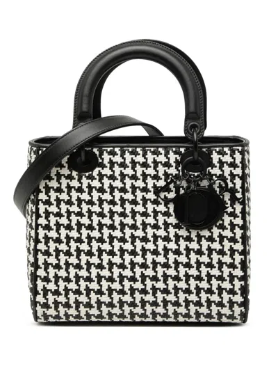 Pre-owned Dior 2019 Medium Calfskin Woven Houndstooth Lady  Satchel In Black
