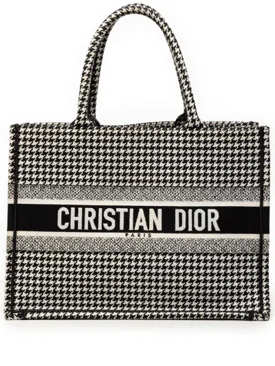 Pre-owned Dior 2019 Medium Canvas Houndstooth Embroidered Book Tote Bag In Black