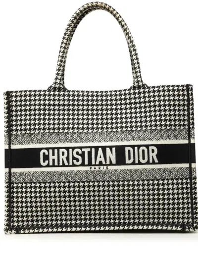 Pre-owned Dior 2019 Medium Canvas Houndstooth Embroidered Book Tote Bag In Black