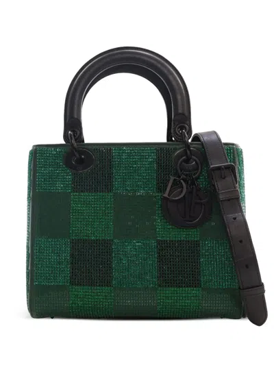 Pre-owned Dior 2019 Medium Crystal Embellished Calfskin Checkered Lady  Satchel In Green