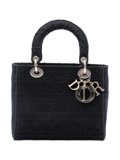 Pre-owned Dior 2019 Medium Embroidered Canvas Cannage Lady D Lite Satchel In Black