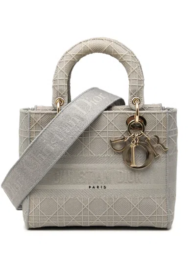 Pre-owned Dior 2019 Medium Embroidered Canvas Cannage Lady D Lite Satchel In Grey