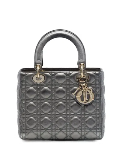 Pre-owned Dior 2019 Medium Metallic Lambskin Cannage Lady  Satchel In グレー