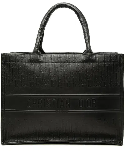 Pre-owned Dior 2019 Medium Oblique Embossed Leather Book Tote Bag In Black
