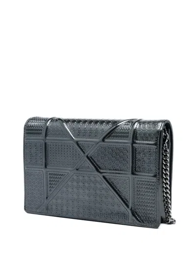 Pre-owned Dior 2019 Metallic Patent Microcannage Ama Wallet On Chain Crossbody Bag In Black
