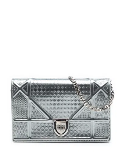 Pre-owned Dior 2019 Metallic Patent Microcannage Ama Wallet On Chain Crossbody Bag In Silver
