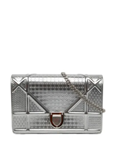Pre-owned Dior 2019 Metallic Patent Microcannage Ama Wallet On Chain Crossbody Bag In Silver