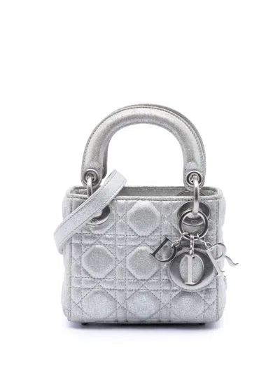 Pre-owned Dior 2019 Micro Metallic Calfskin Cannage Lady  Satchel In Silver