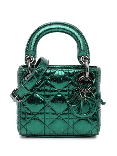 Pre-owned Dior 2019 Micro Metallic Crinkled Calfskin Cannage Lady  Satchel In Green