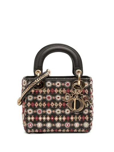 Pre-owned Dior 2019 Mini Calfskin Beaded Embroidered Lady  Satchel In Black