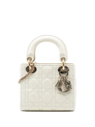 Pre-owned Dior 2019 Mini Crinkled Calfskin Cannage Lady  Satchel In White