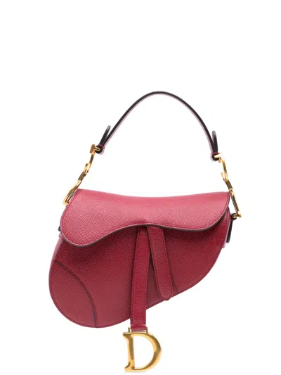Pre-owned Dior 2019 Mini Grained Calfskin Saddle Satchel In Red