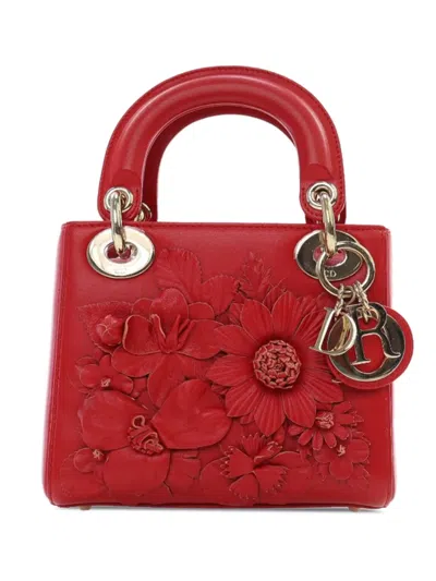 Pre-owned Dior 2019 Mini Lambskin Amour Applique Flower Lady  Satchel In Red