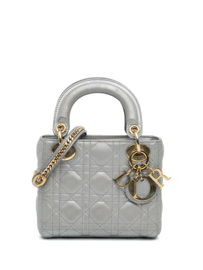 Pre-owned Dior 2019 Mini Metallic Lambskin Cannage Lady  Satchel In Grey
