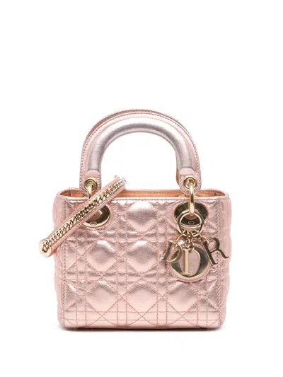 Pre-owned Dior 2019 Mini Metallic Lambskin Cannage Lady  Satchel In Pink