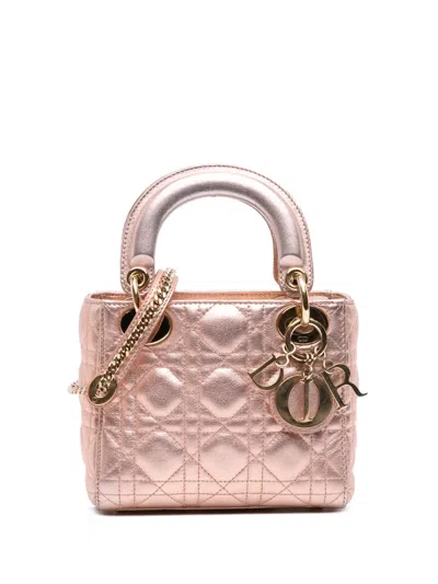 Pre-owned Dior 2019 Mini Metallic Lambskin Cannage Lady  Satchel In Pink