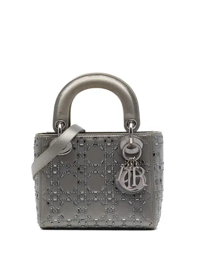 Pre-owned Dior 2019 Mini Satin Cannage Crystal Embellished Lady  Satchel In Gray