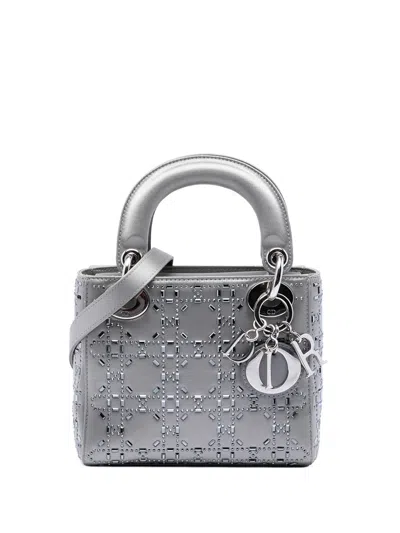 Pre-owned Dior 2019 Mini Satin Cannage Strass Crystal Embellished Lady  Satchel In Gray