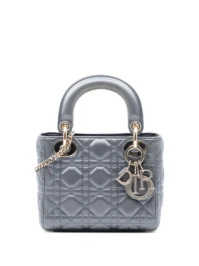 Pre-owned Dior 2019 Mini Satin Cannage Swarovski Crystal Lady  Satchel In Gray