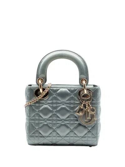Pre-owned Dior 2019 Mini Satin Cannage Swarovski Crystal Lady  Satchel In Gray